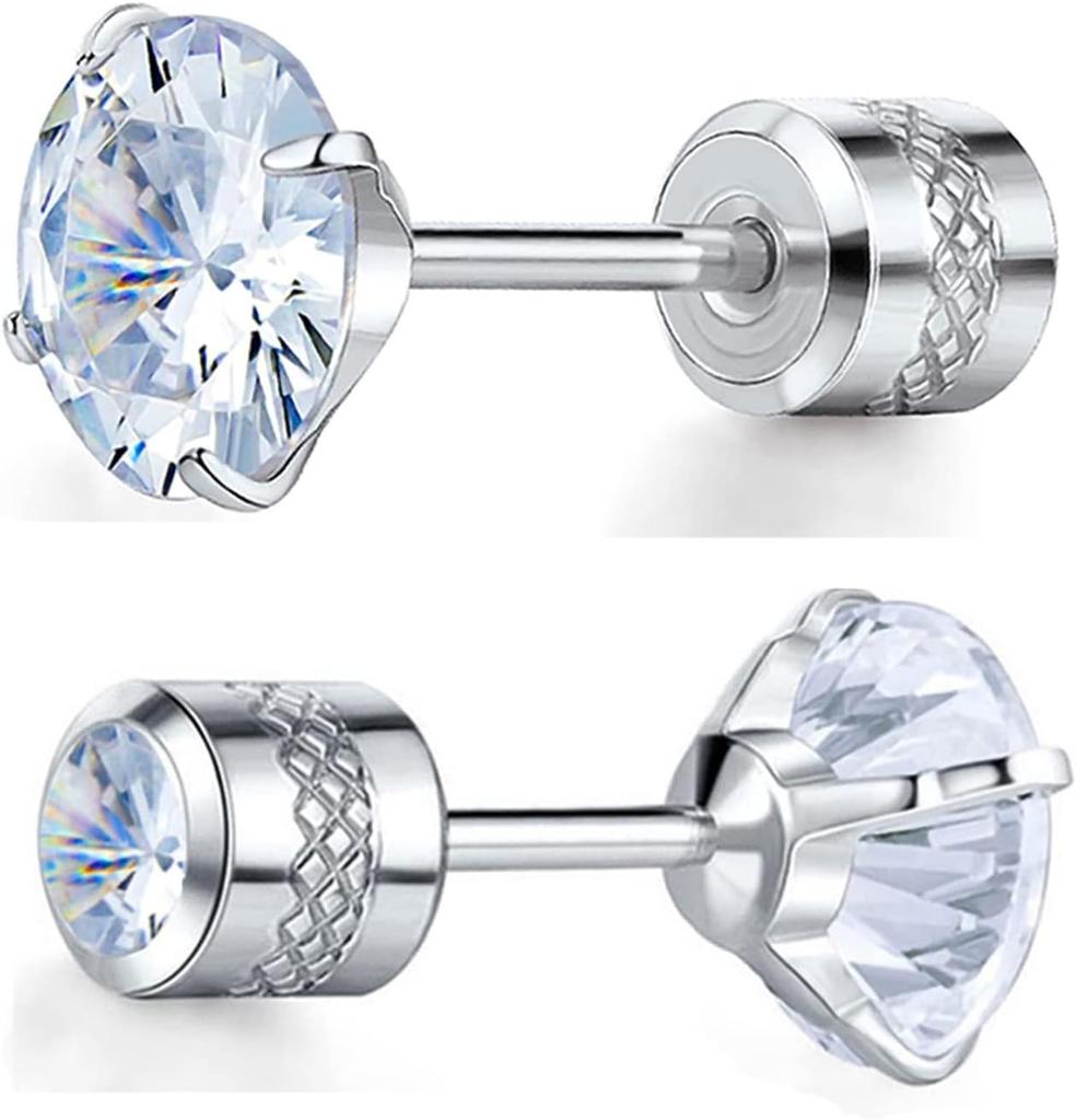 6 Pairs Screw Back Stud Earrings Set Surgical Stainless Steel Double Sided Round Cubic Zirconia Earrings for Women Men