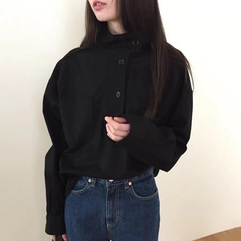 

Модна вінтажна блузка зі стоячим коміром і діагональними ґудзиками, жіноча повсякденна вільна однотонна одяг, проста жіноча сорочка з довгими рукавами, осінні топи 30017 S