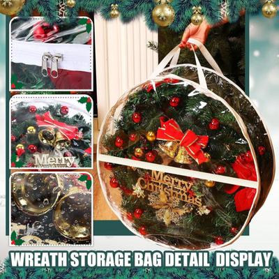 Sac de Rangement pour Couronne de Noël Organisateur de Couronne Transparent Anti-poussière Imperméable Support de Guirlande avec Poignées pour Couronne Artificielle de Fêtes