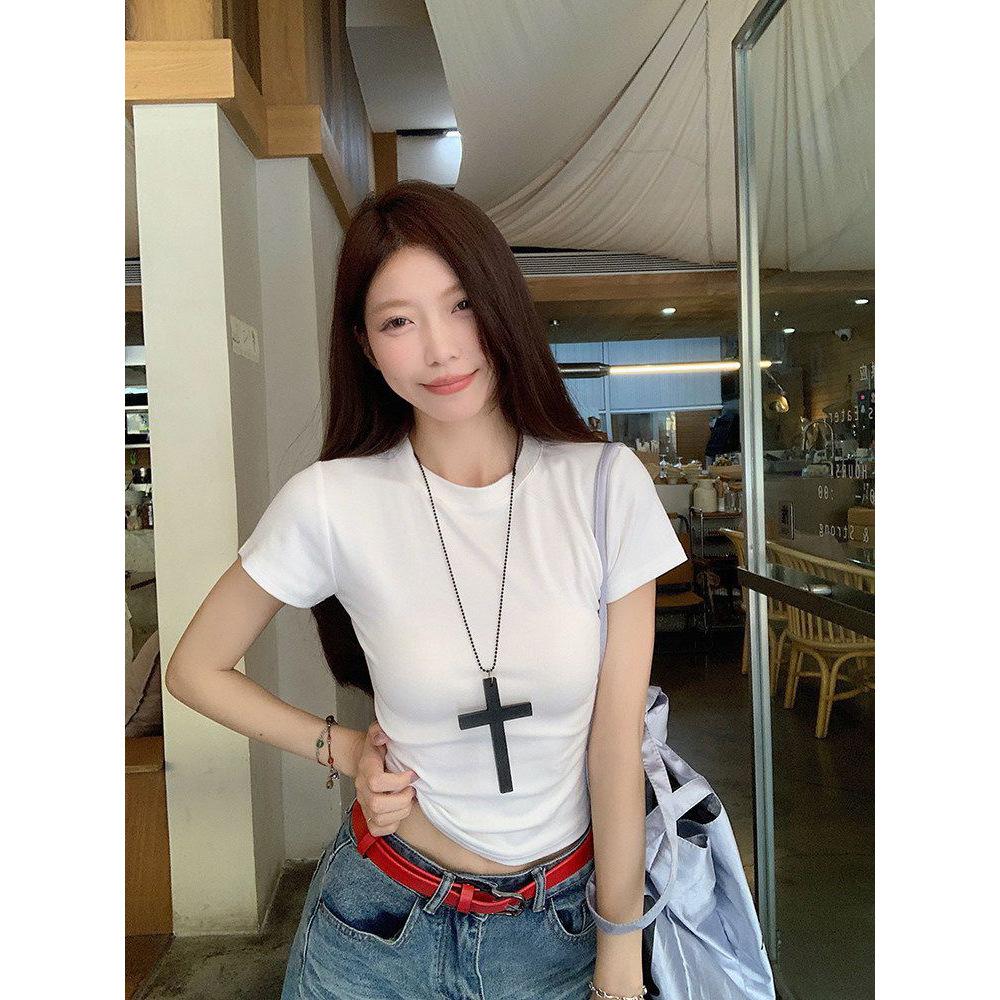 

Korean front shoulder crew neck short-sleeved T-shirt women s summer new slim-fitting and thin chic white bottoming shirt M