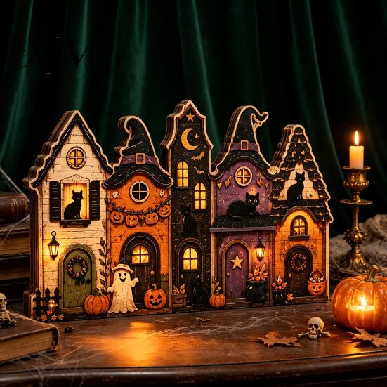 Indoor Autumn Harvest Decor Halloween Retro Haunted Village Wooden Tabletop Decor, Fall Farmhouse Witch Holiday Party Home Accents House Ornament,