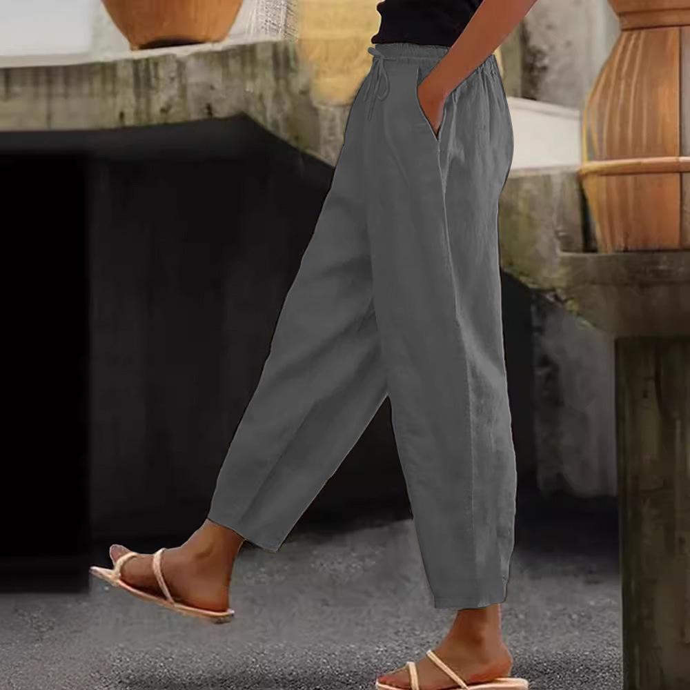 European and American Women's Cotton-Linen Elastic Waist Pants with Side Pockets - Fashionable Spring/Autumn Casual Wear
