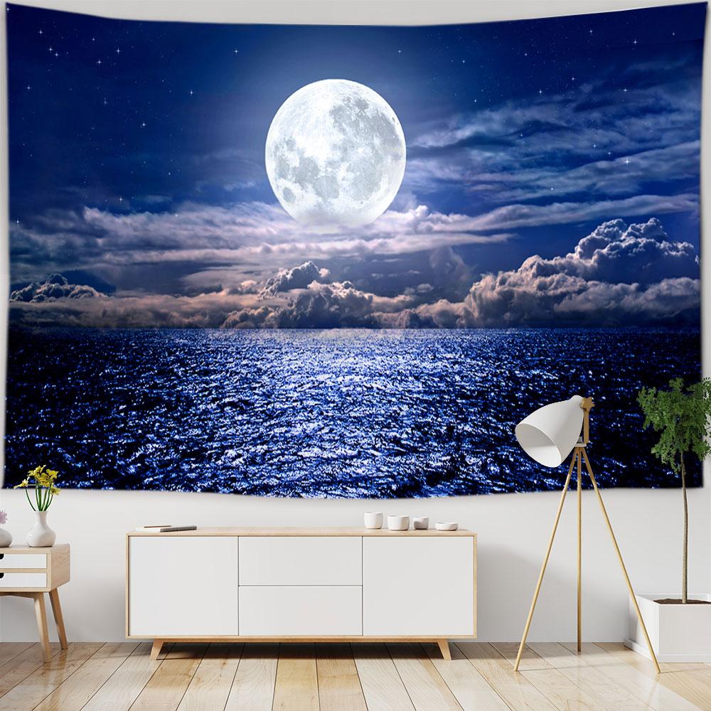 Beach Starry Tapestry Home Decor Living Room Natural Moon Sea Landscape Tapestry Fabric Hippie Wall Hanging Tapestry tapiz