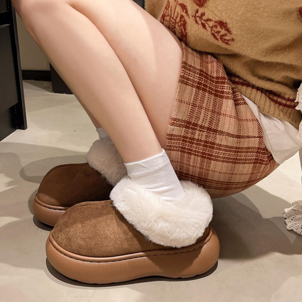 White Retro Non-slip Thick-soled Fluffy Snow Boots for Women To Wear New Autumn and Winter Heightening Soft-soled Home Cotton Shoes