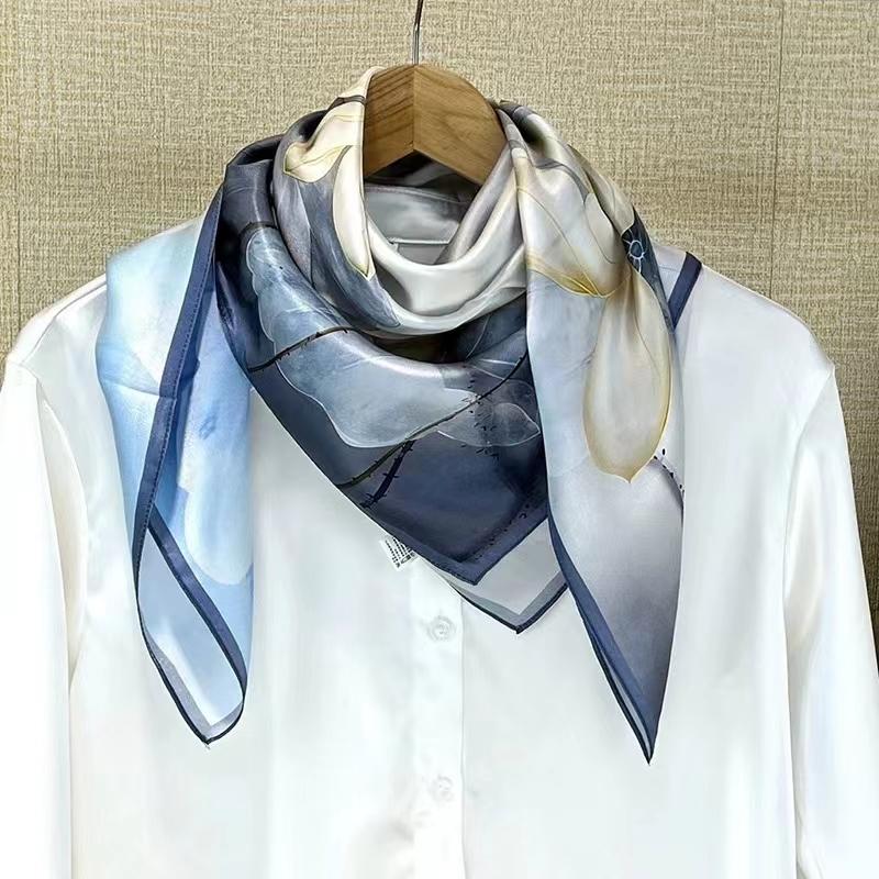 Bysifa|China Style Lotus Blue White Women100% Silk Scarf Hijab Cape Bandana Fall Winter Large Square Head Scarves Shawls 90Cm
