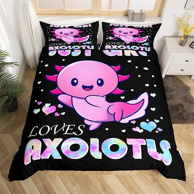 Cartoon Axolotl Duvet Cover Full For Kids Boys Girls Toddlers Kawaii Axolotl Bedding Collection Cute Sea Weed Coastal Comforter Cover