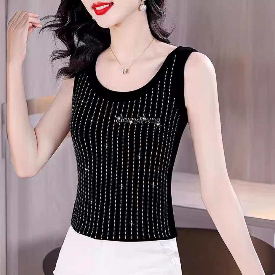 

Temperament diamond-encrusted black high-elastic sling vest for women s inner wear 2025 new suit backing sleeveless outer wear top summer M