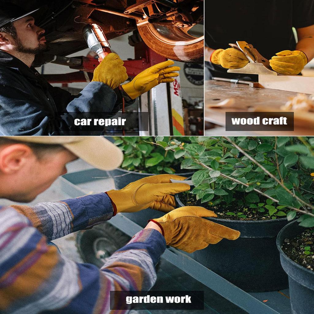Gardening Gloves Men's Full Leather Work Gloves with Durable Cowhide Leather Breathable Grain Fabric Suitable for Pruning Cacti