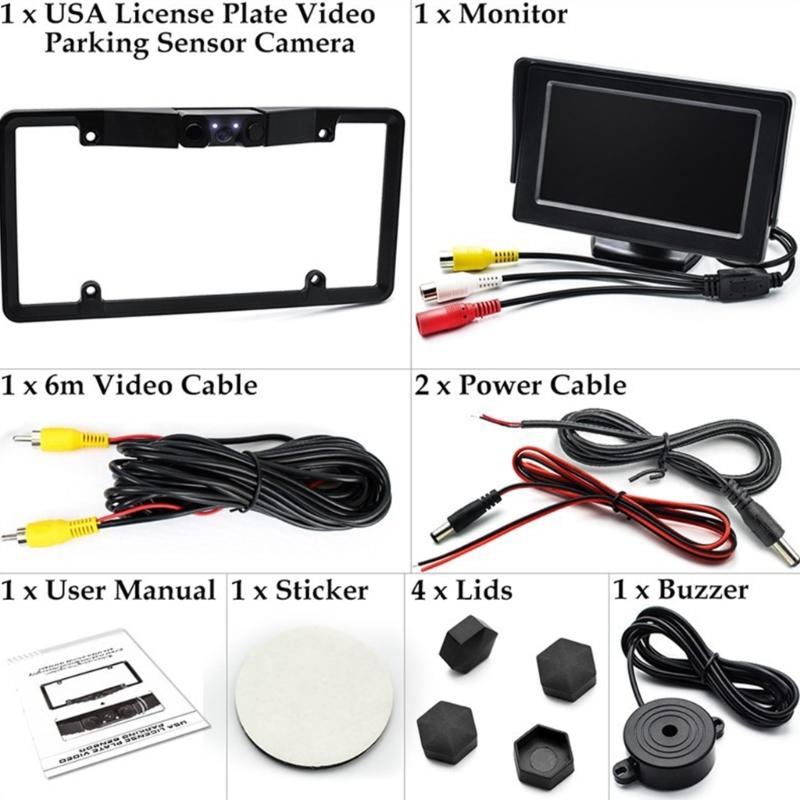 License Plate Frame Monitor Parking Sensor Radars Rearview Backup Camera 3 in 1