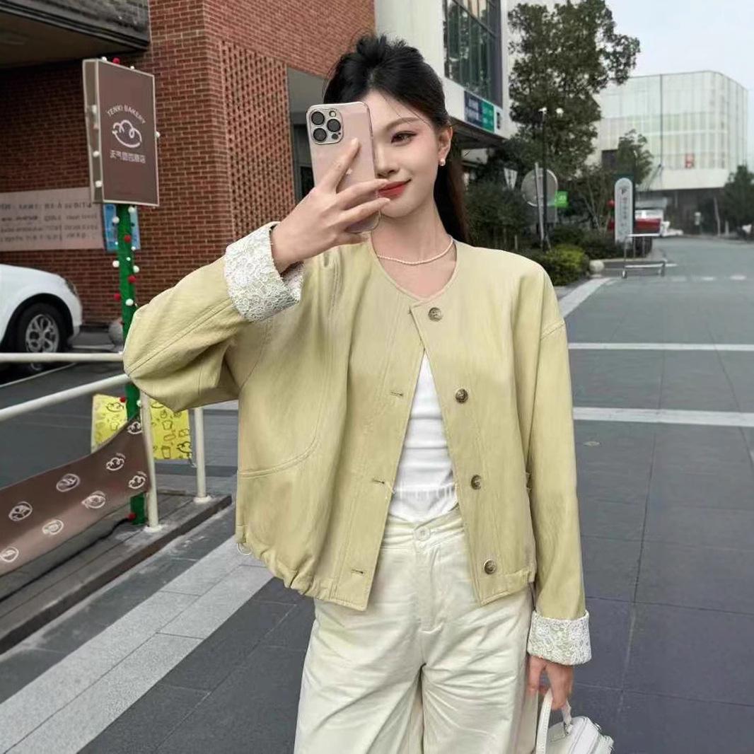 

Женская весна 2025 Универсальная приталенная куртка с кружевной отделкой L светло-желтого