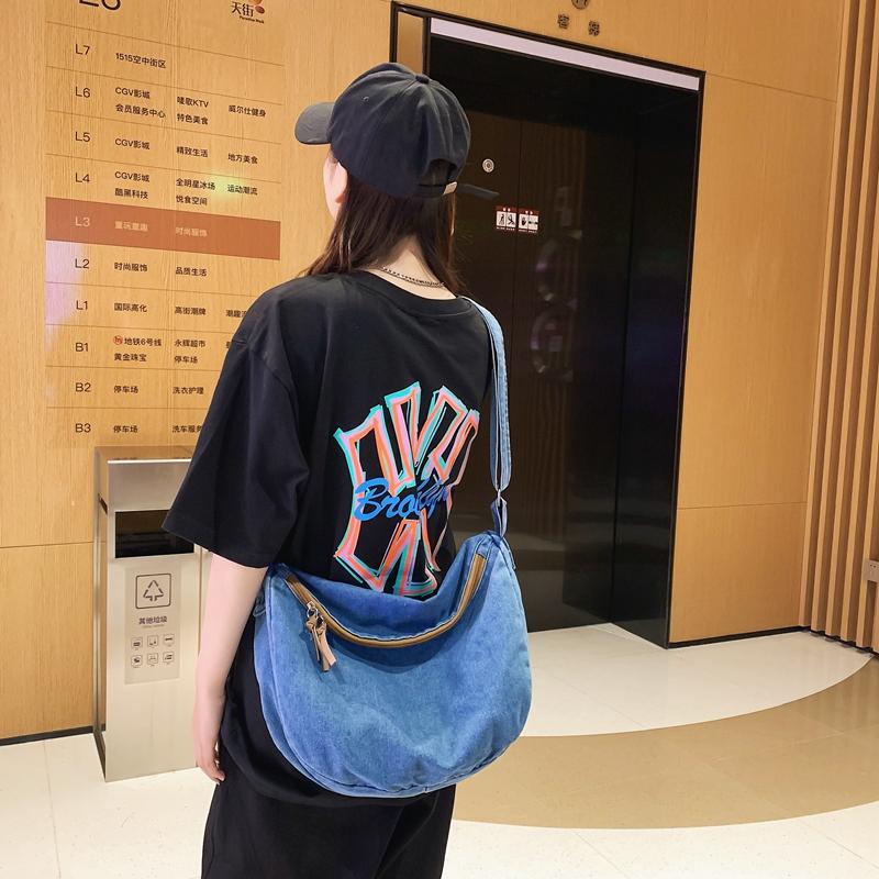 Women's Vintage Denim Hobo Bag Zipper Crossbody Bag All-Match Bag For School Work
