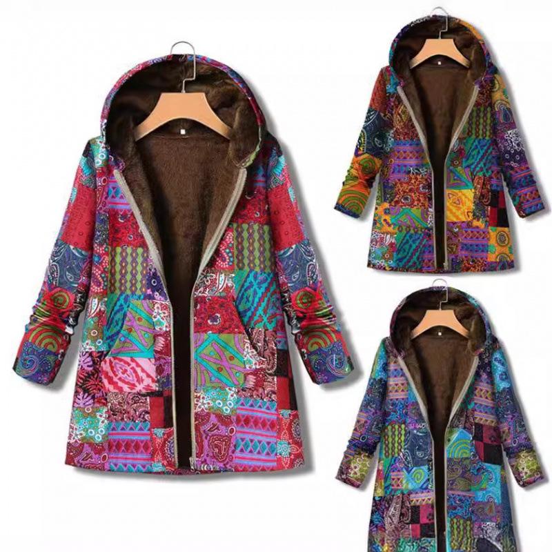 Jacket series casual printing cotton and linen printing plush inner hooded zipper women's clothing new