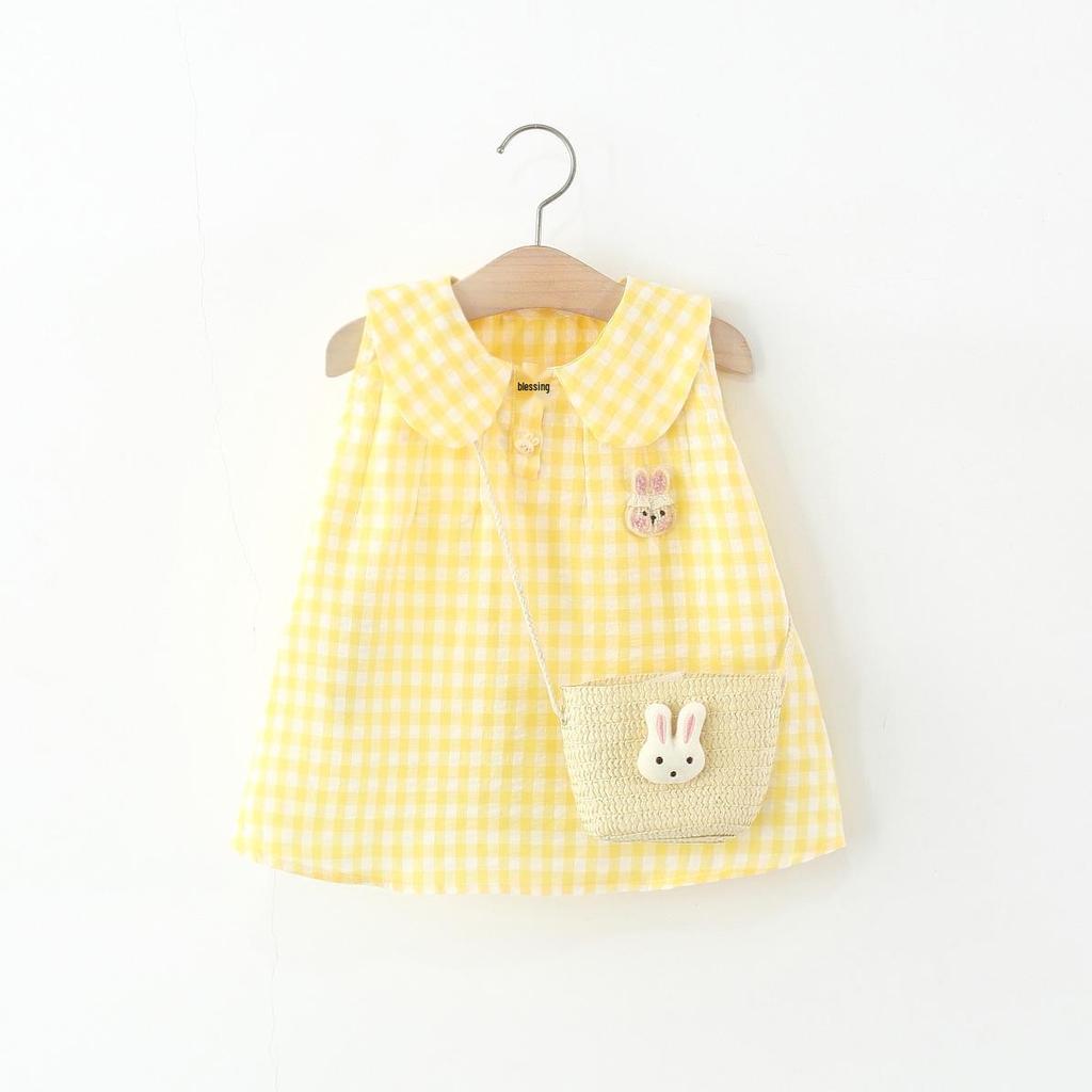 Girls' Plaid Sleeveless A-line Dress with Peter Pan Collar and Bunny Bag