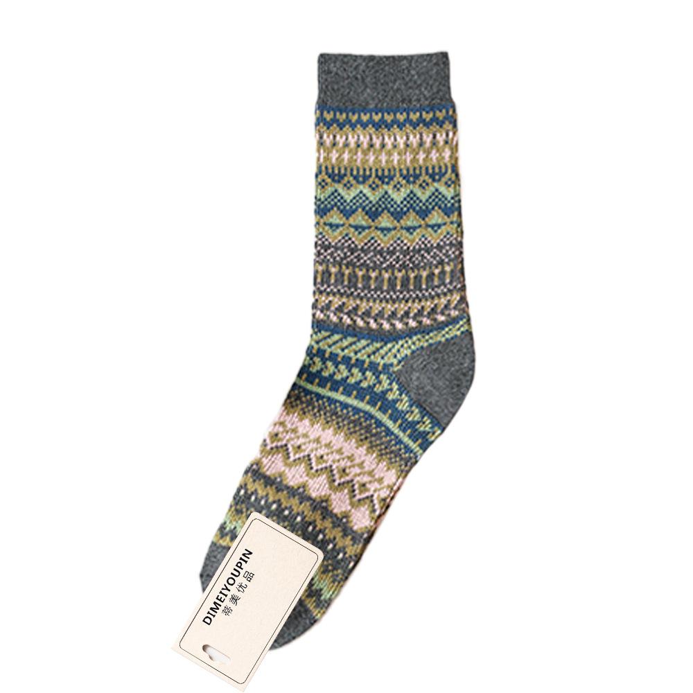 Mid-calf Socks, Thickened and Warm in Ethnic Style, Retro Double-needle Socks for Autumn and Winter, Long Socks, Thick Thread Pile Socks