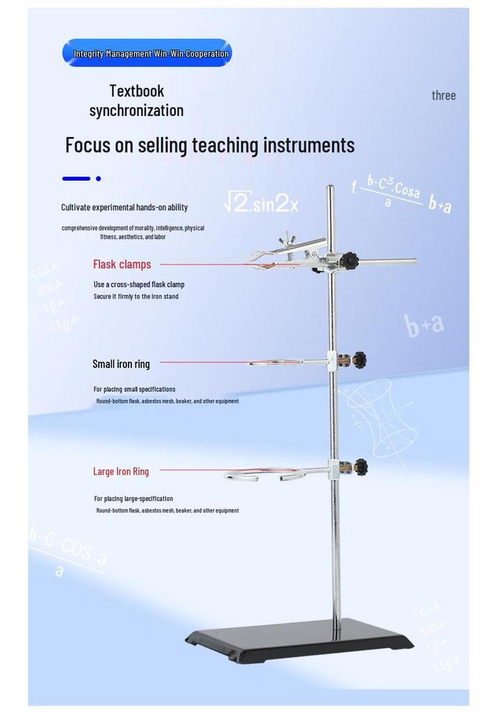 Iron Stand with Square Base for Laboratory Experiments - Complete Set with Flask Clamp & Burette Holder