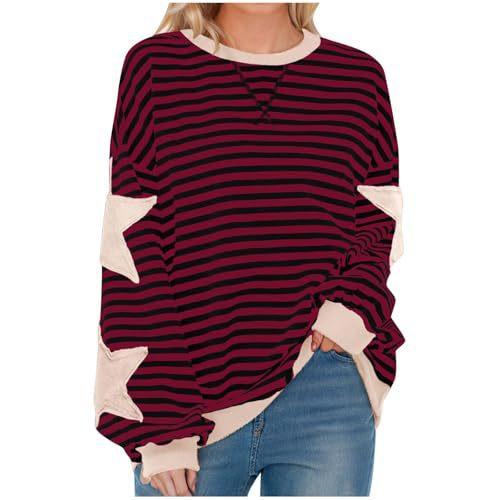 Women's Crew Neck Long Sleeve Sweatshirt A Line Fit Striped Star Patchwork Casual Spring Pullover Top