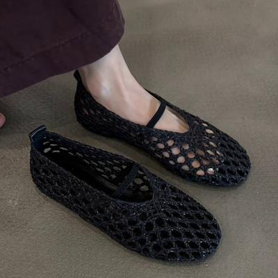 Schaapshuid versie~ Frans geweven hol en ademende niche platte zolen sandalen dames zomer lage mond een-band ronde neus enkele schoenen