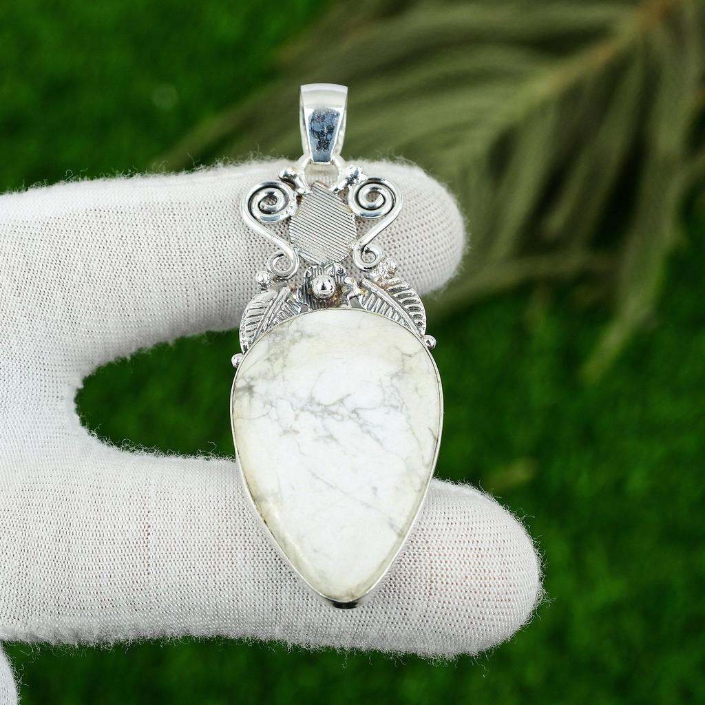 Mothers Day Deal 925 Sterling Silver Pear Howlite Stone Bezel Pendant Jewelry
