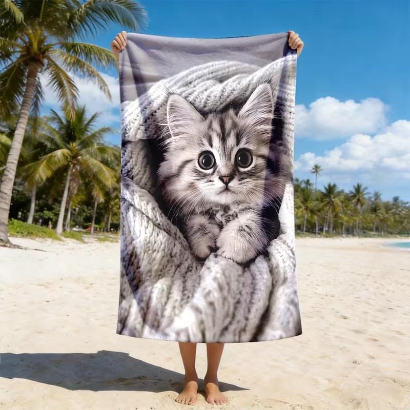 Boho Floral Cat Beach Towel Sand Free Quick Dry Blanket Hand Drawn Spotted Kitten Tropical Leaf Print Summer Beach Towel