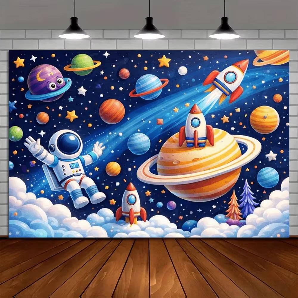 Filled with Countless Star Space Astronaut Themed Banner Backgrounds Birthday Parties Home Decor Photography Backdrop Fabrics