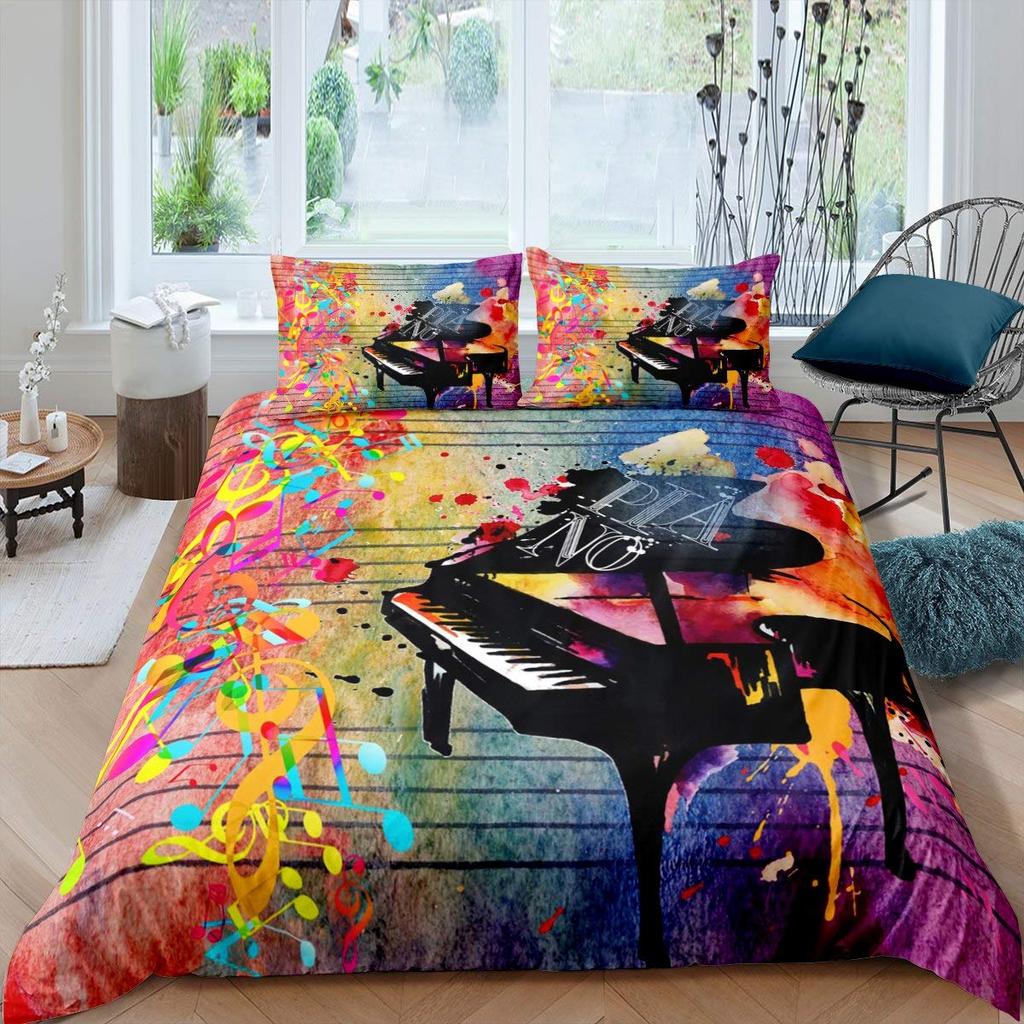 Vzor klavíru Povlak na přikrývku Klasická hudba Tematická 2/3dílná ložní souprava Hudební vzor Geometrický pruh Královský povlak na přikrývku