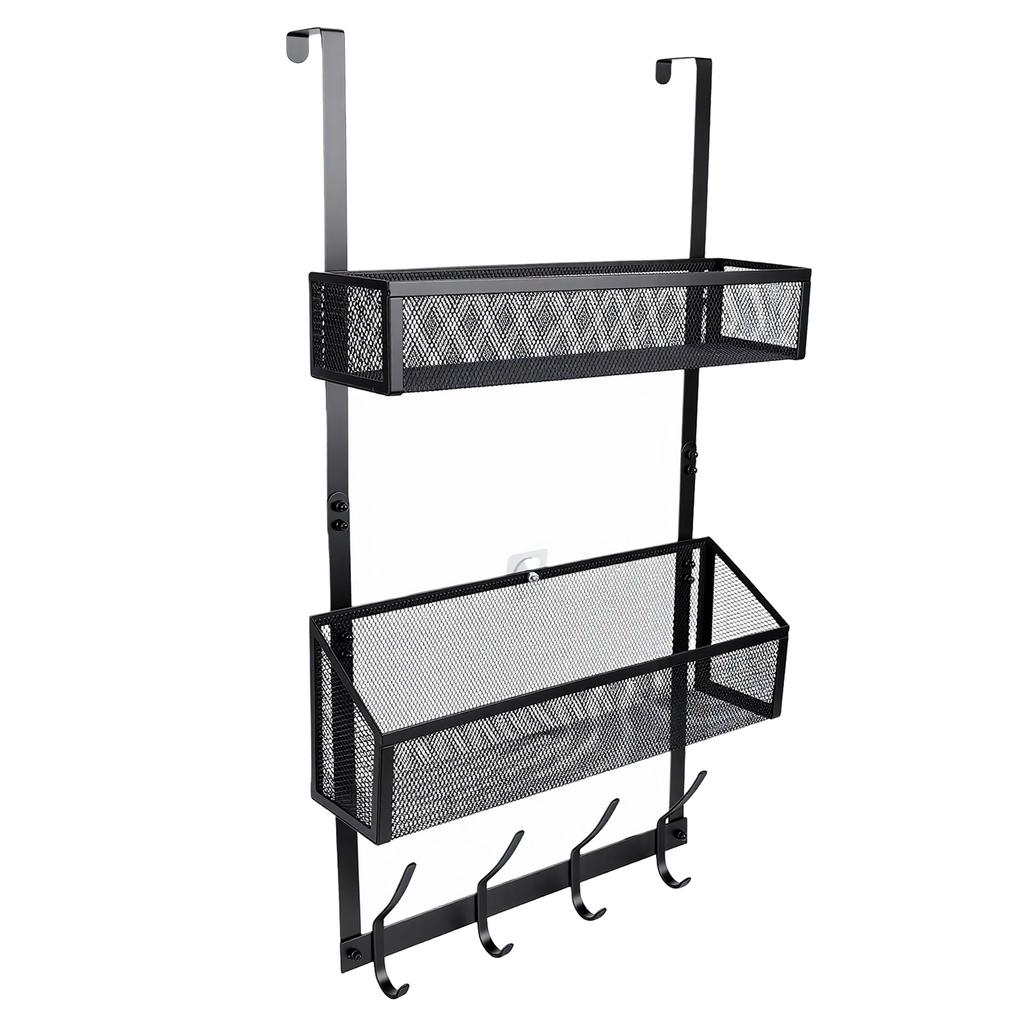 Adjustable Over The Door Hooks Organizer Metal Hanger Storage Rack with 2 Mesh Basket and Coat Hooks for Bathroom