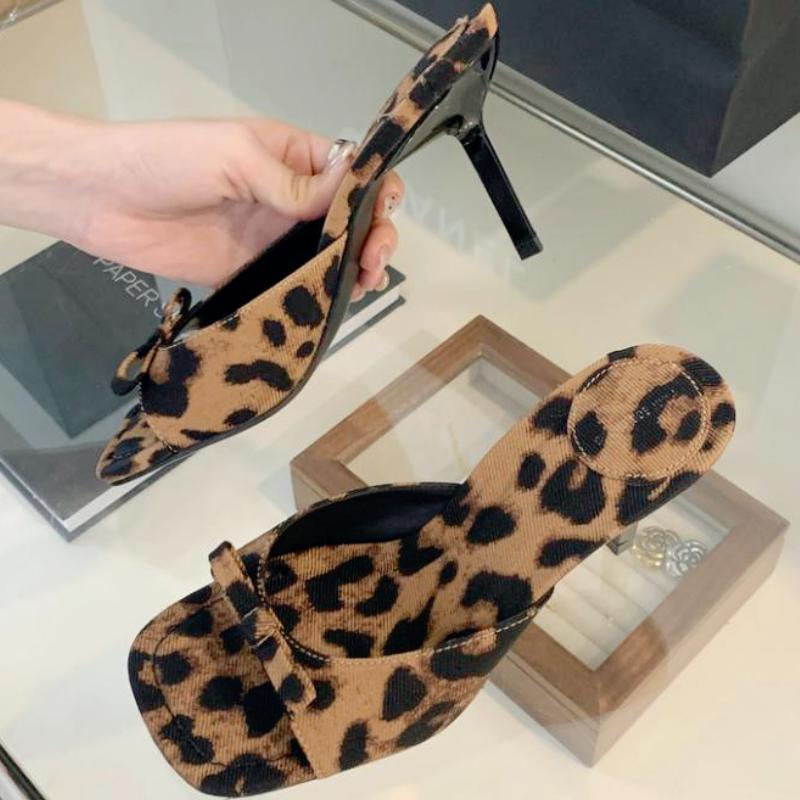 Sexy Leopard Bow Thin Heeled Ladies Slippers Summer Fashion Dress Open Toe Sandal Designer Mueller Shoes for women Zapatos Mujer