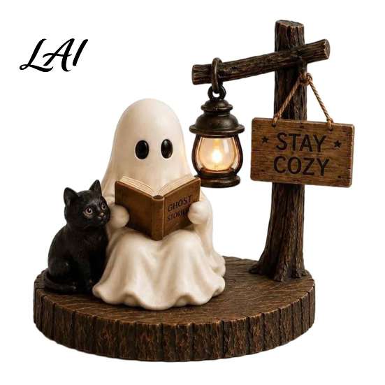 Autumn Harvest Decorations Halloween Ghost Figurine Vintage Cozy Reading Book/Walking Dog Statue with Lantern Healing Figurines Light Up Spooky