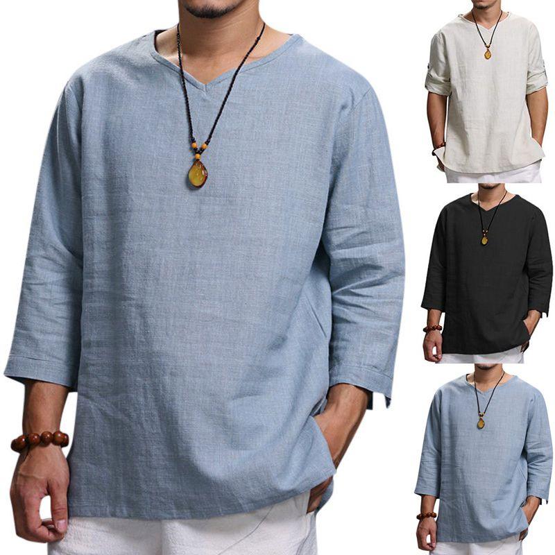 Shirt Mens Loose Long Sleeve V Neck Cotton Linen T Shirts Vintage Tops Blouse