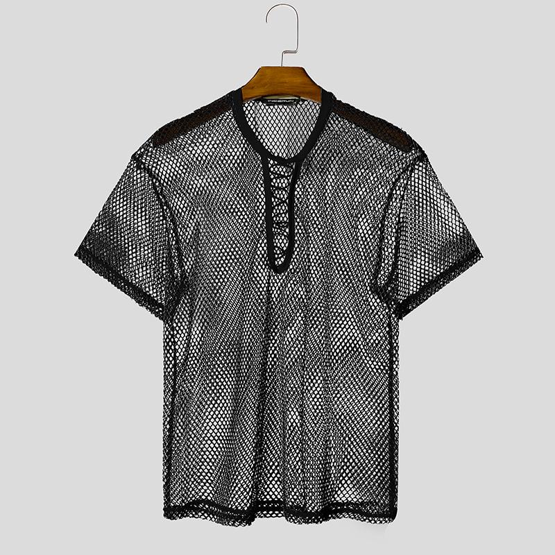 

INCERUN Mesh Summer Men Short Sleeves See Through Hollow Out Bandage Tops