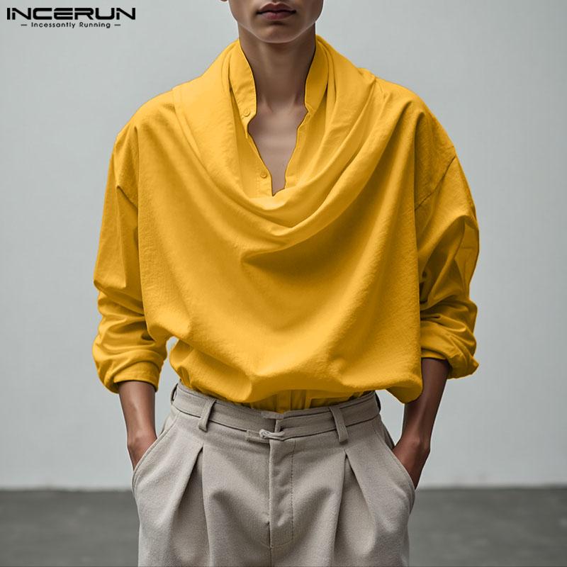 INCERUN Camicie Top Casual Larghe a Maniche Lunghe con Bottoni e Collo a Bavero da Uomo
