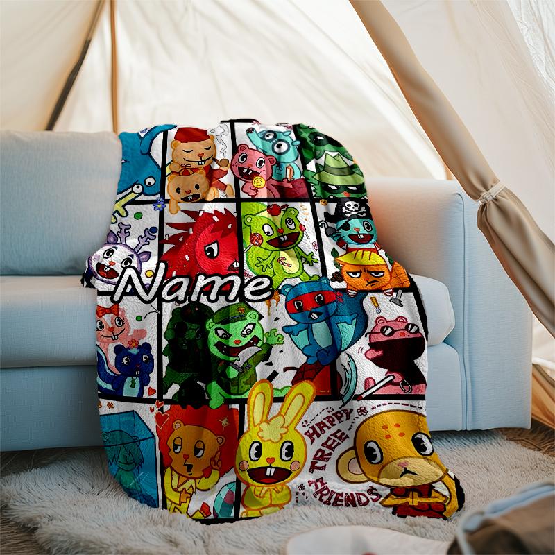 Personalisierte Decke mit individuellem Namen - Happy Tree Friends Druckdesign, Decke für Sofa, Bett, Reisen, Camping - Weich und Warm, Tolles Geschenk