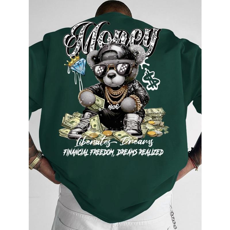 Fashionable men's summer teddy bear wealth letter print comfortable and breathable round neck T-shirt outdoor street top
