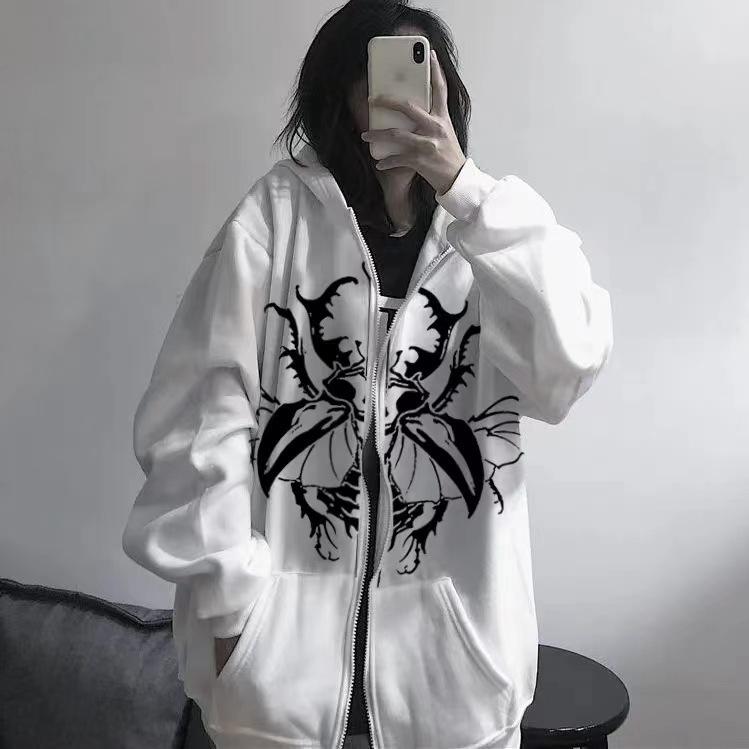 Dark Butterfly Gothic Oversized Zip-Up Hoodie for Couples - Unisex Y2K Style