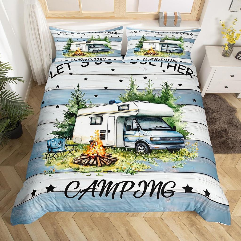 Camper Theme Duvet Cover Set for Teens Adults Kids Queen Size Quilt Cover with 2 Pillowcase Bonfire Evening Bedding Set 3 Pieces