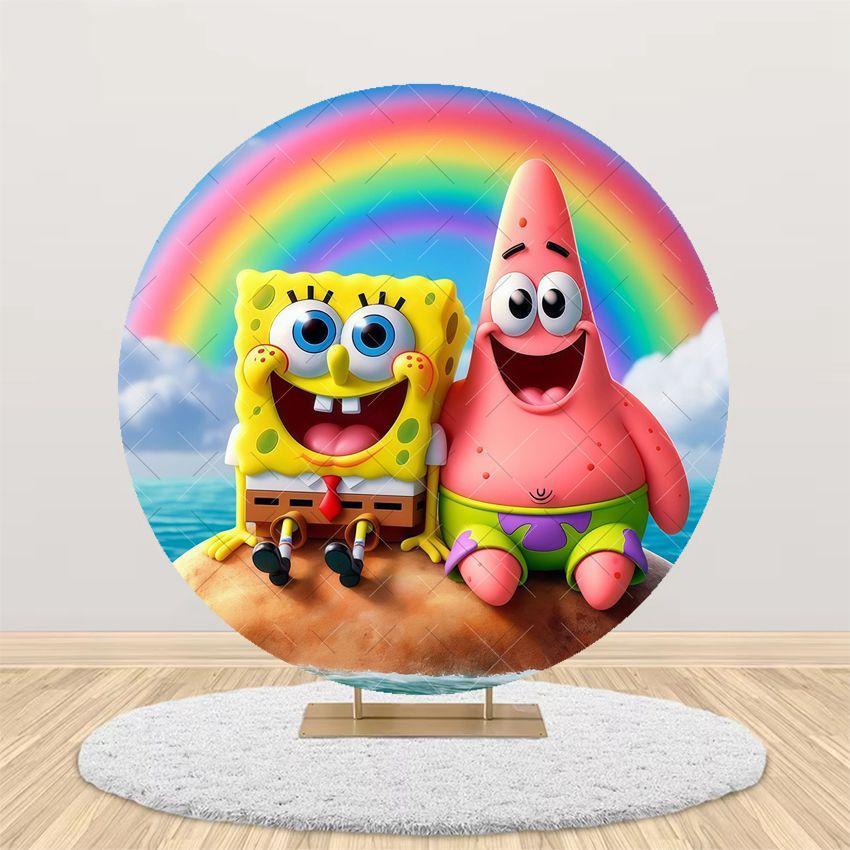 Cartoon SpongeBob Children Birthday Party Round Backdrop Cover Kid Room Decoration Baby Shower Photography Background Props