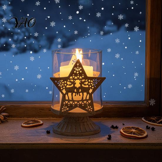 Boutique Shop Display 2Pcs Christmas Hollow Metal Candle Holder, Vintage Tabletop Tealight Lantern, Xmas Seasonal Atmosphere Light Elk, Tree,