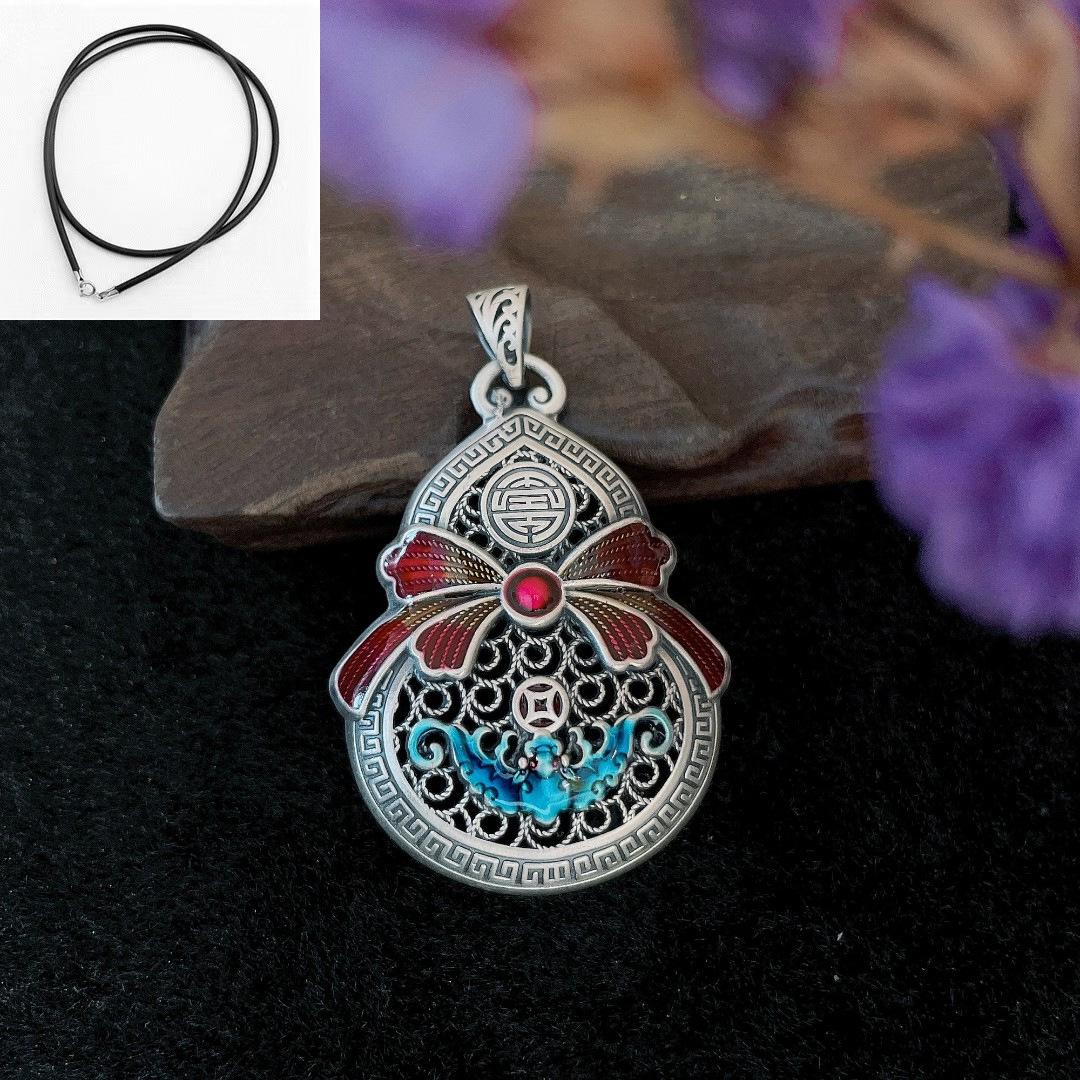 Sterling Silver Enamel Chinese Retro Bow Pendant Hóulú - High-End Gift