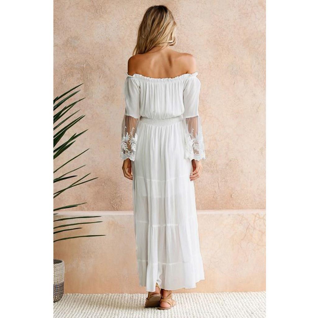 Women Off Shoulder Lace Maxi Dress Holiday Bohemian Style Long Dress with Short Sleeves and Flowy Silhouette for Summer