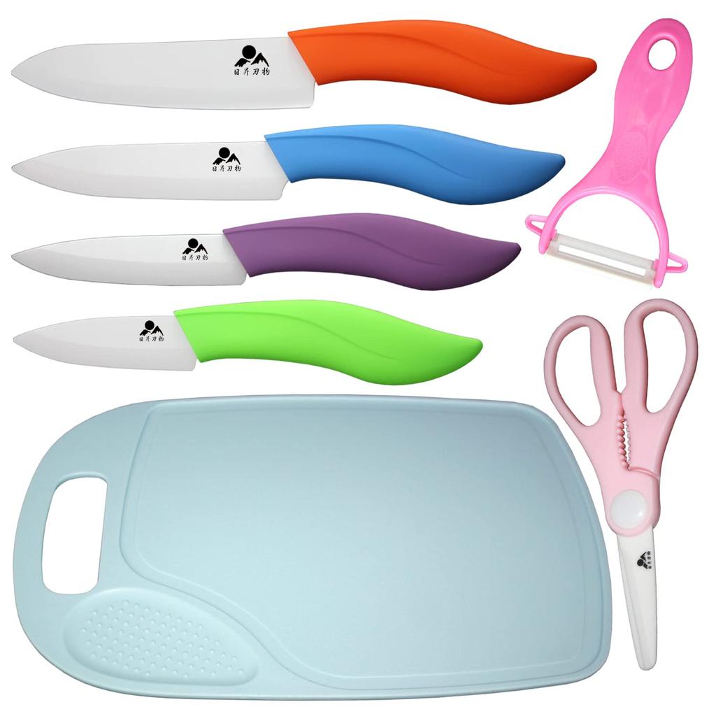 Ensemble de Couteaux Nissho Cutlery Essentiel de Cuisine Santoku Petit Santoku Coupe Petit Couteau de Cuisine et Éplucheur [Ensemble Céramique] [Ensemble 7 Pièces] Couteau, Couteau, Planche,
