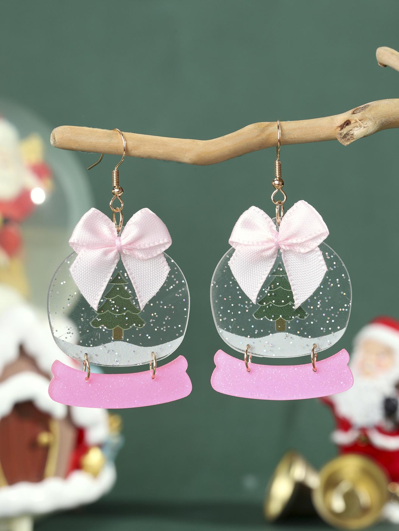 

Christmas Heart Gesture Acrylic Bow Earrings with Glittering Crystal Ball