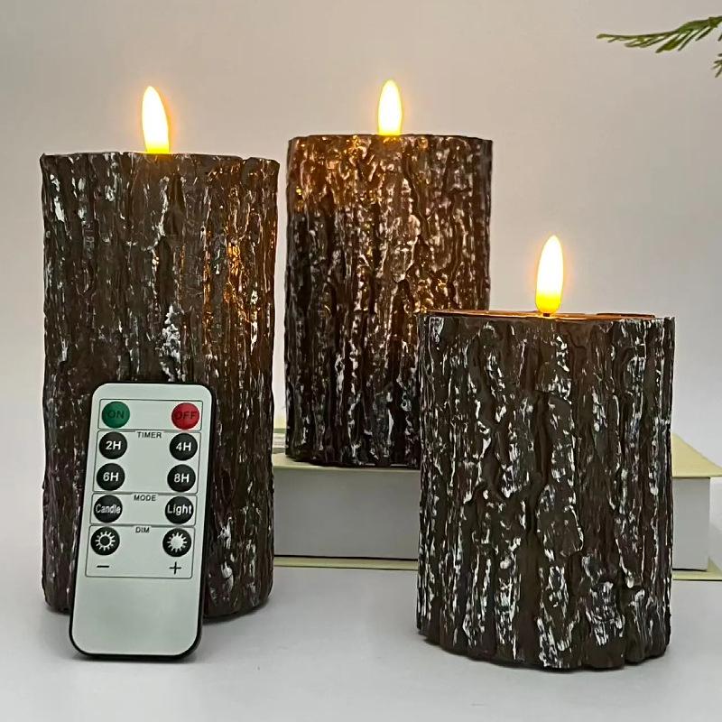 Paraffin Retro Wood Tree Stump Candle Holder with LED Candle Light for Home or Cafe Decor