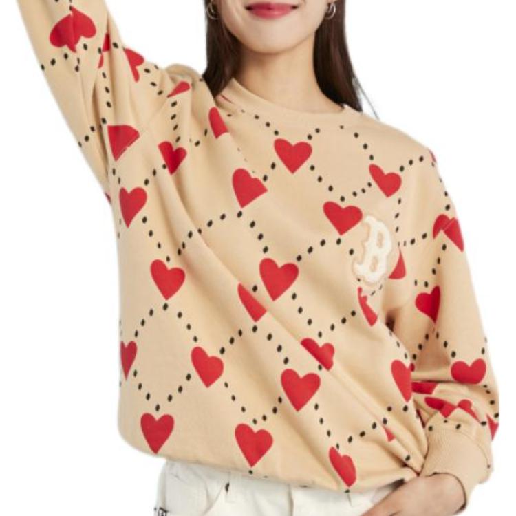 MLB Heart Pattern Printed Logo Embroidered Round Neck Sweatshirt Unisex Sweatshirt Camel 3AMTH0124-43BGS