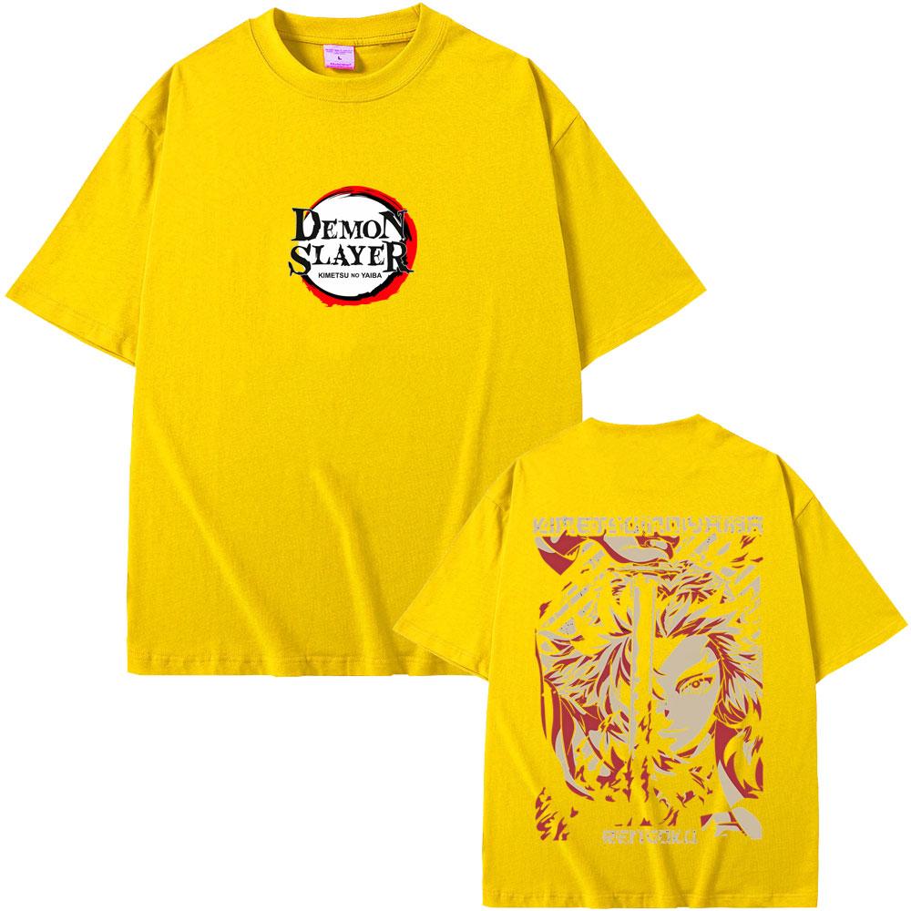 Anime Demon Slayer Rengoku Kyoujurou Double Sided Print T-shirt Summer Men Women Casual Oversized Tshirt Male Vintage T Shirts