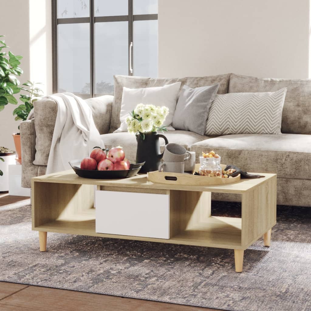 Coffee Table White and Sonoma Oak 103.5x60x35 cm Engineered Wood uygun