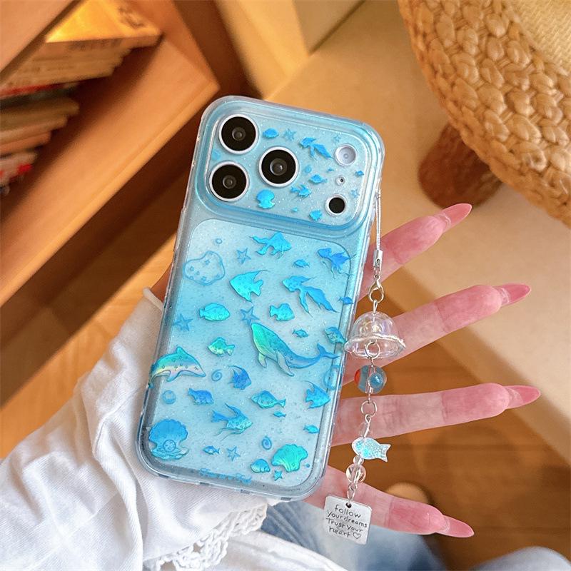 Gradient Blue Laser Fish School Case for iPhone 17/16 Pro Max/15 Pro - High-End Aesthetic