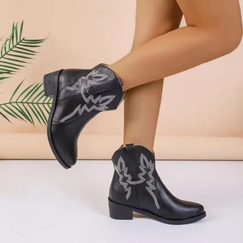 Fashion Vintage Women's Chelsea Boots Fashion Embroidered Western Boots Block Heels Womens Ankle Boots Pointed Toe Slip On Women Shoes
