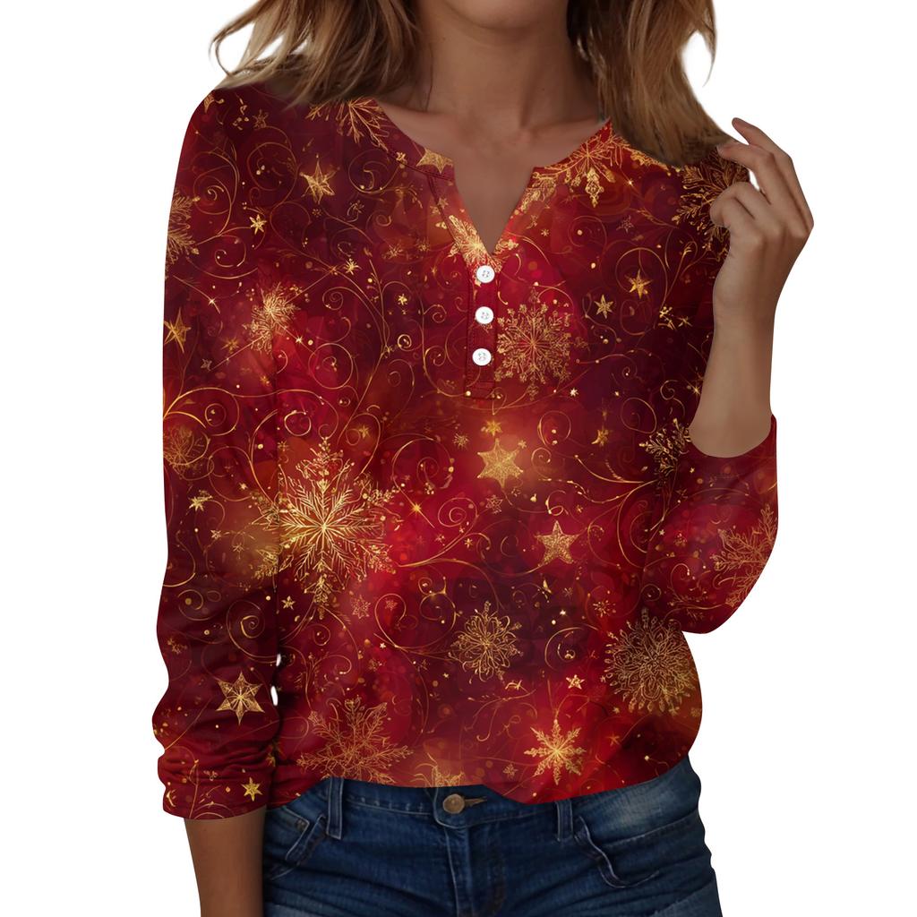 Women's Fashion Casual H Printed V-Neck Long Sleeve Decorative Button T-Shirt Tops