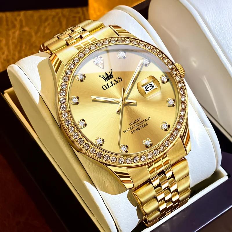 

OLEVS Часы для мужчин, оригинальные роскошные классические кварцевые наручные часы, водонепроницаемые, светящиеся, дата, золотые, из нержавеющей стали, мужские часы золотой