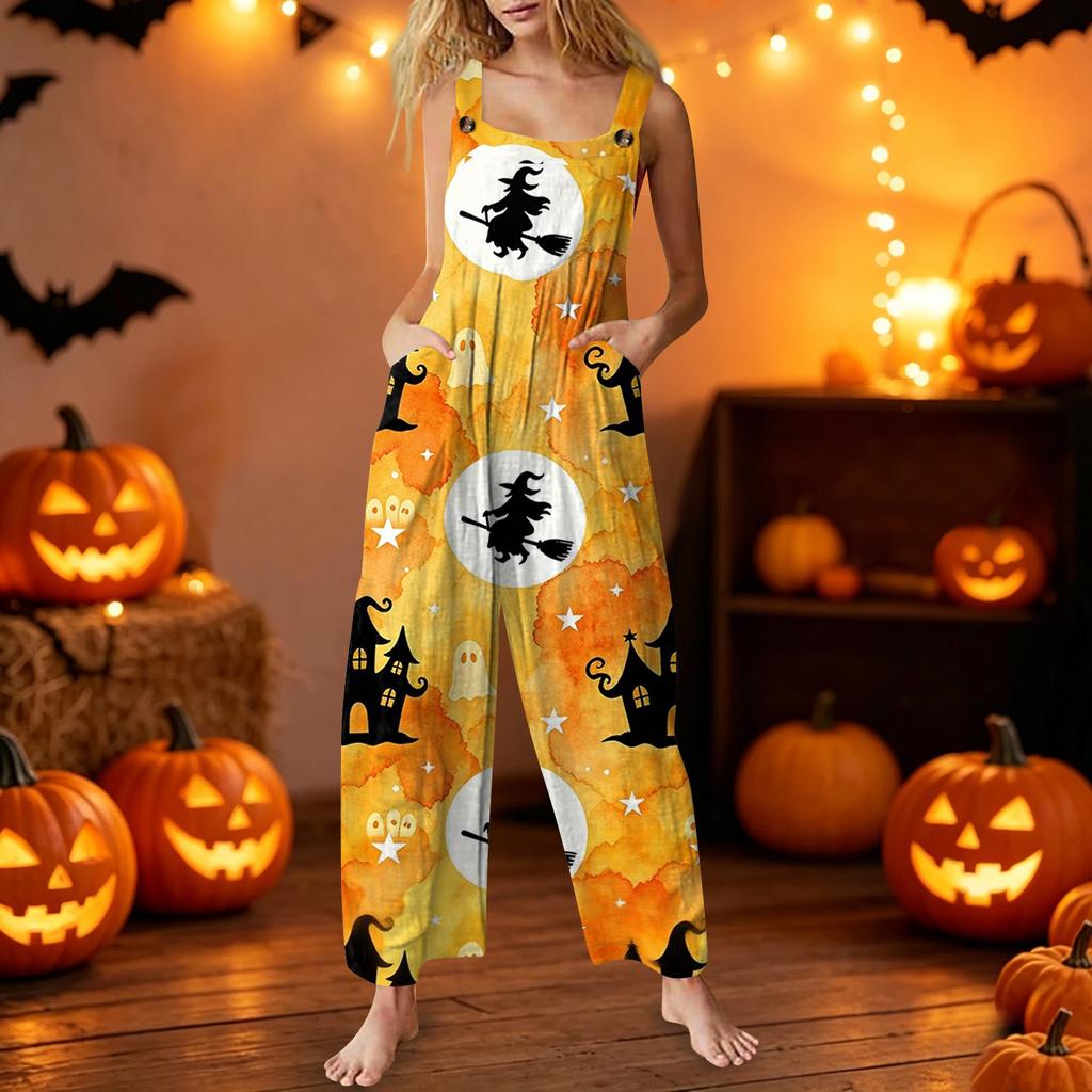 Women's Sleeveless Jumpsuit Halloween Print Cotton Casual Loose Fit Overalls Wide Leg Romper Pocketed